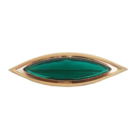 Vintage Marquis Cut Brooch Emerald Green Stone Gold Tone Diamond Shape - Picture 1 of 9
